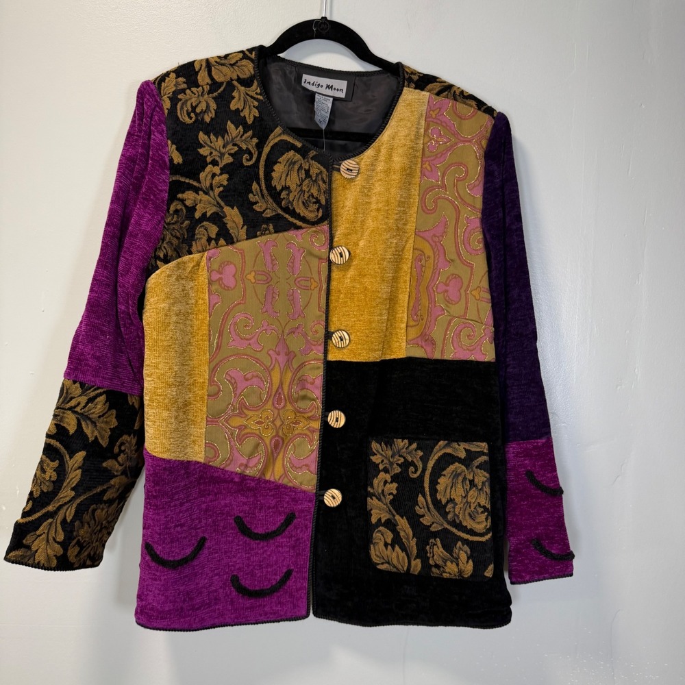 Indigo Moon Vintage Patchwork Chenille Jacket Gold Purple Black Damask 1X NWT
